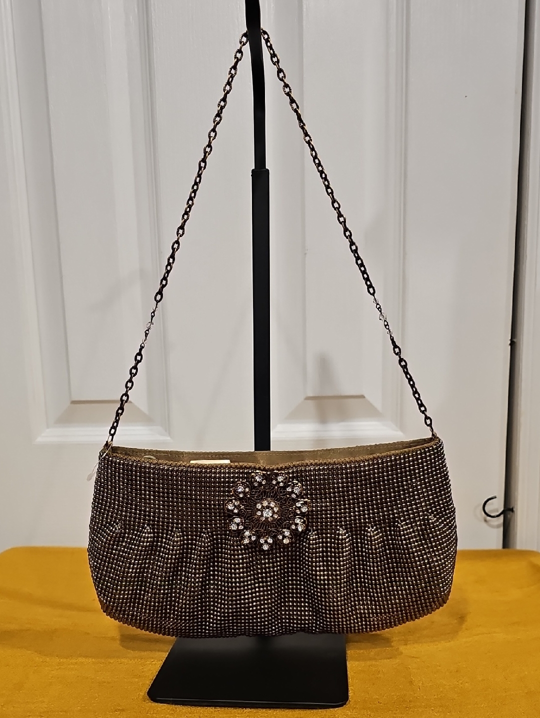 Whiting & Davis Vintage Bronze Gold Evening Bag With Crystal Embellished Brooch